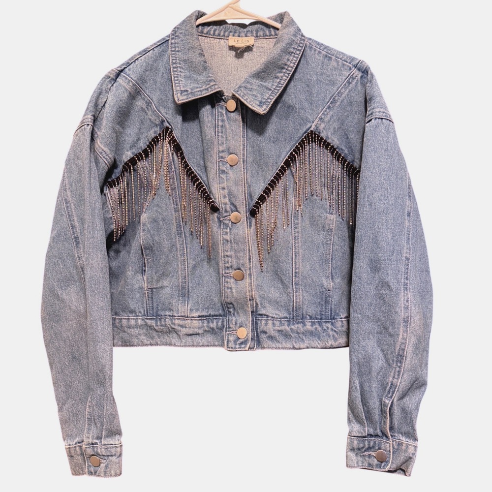 Le Lis Collection Light Wash Denim Fringe Jacket Rhinestone‎ Western Cropped M